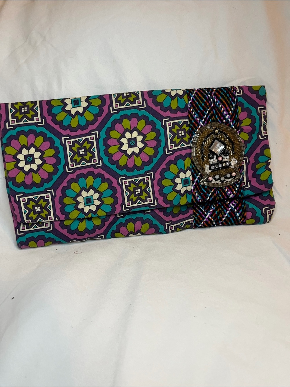 Patterned Purple Floral Clutch with Decorative Embellishment